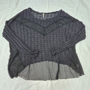 Free People Navy Blue Mesh Lacy Long Sleeve Dolman Textured Shirt Top Blouse